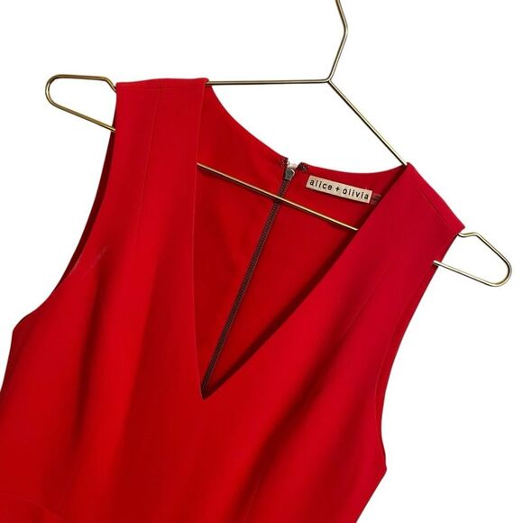 Alice and Olivia Callie Sleeveless Asymmetric Overlay A-line Dress Cherry Red 4 - Picture 3 of 7